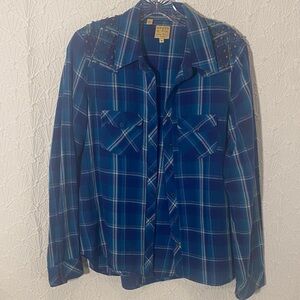 Guess Flannel Blue Plaid Shirt with Studded Accents 90’s style Western Spirited